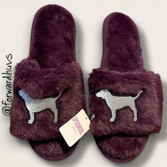 Victoria’s Secret PINK Fuzzy Slide Slippers – Purple – Silver Dog Logo – Size S/ - Picture 7 of 10